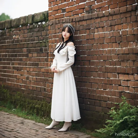 kawaii women of medieval europe　White and black dress　with a brick wall in the background