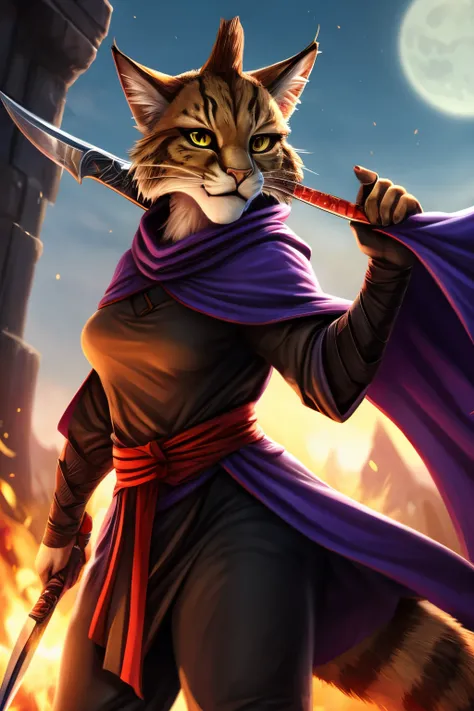 female black furred tabaxi ninja rogue wielding two daggers and wearing a cloak