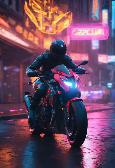 best quality,highres,masterpiece:1.2,ultra-detailed,realistic,cyberpunk,front view,large engine motorcycles,wireframe elements,neon lights,vivid colors,reflective surfaces,cityscape background,dark and moody ambiance,street racing,high-tech gear