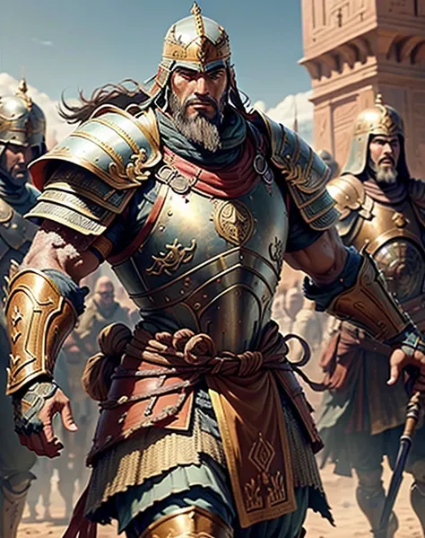 Medieval Moroccan Arab warrior with bald beard, handsome and muscular figure in full armor, leading troops in a Moroccan environment. Master&#39;s work. Ultra-detailed and ultra-realistic 3-point perspective dynamic pose.