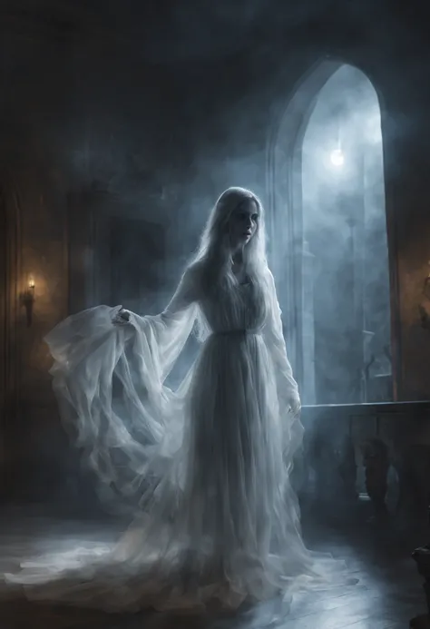 (((Ghost of a Girl ))) , Transparent ,Air, standing in the castle hall, moon light ,Mysterious atmosphere, Phantom Lights,Magic in the air,fairytale setting,Unearthly beauty,Magic in the air,Serene and peaceful atmosphere,A hint of fog in the distance,Fabu...