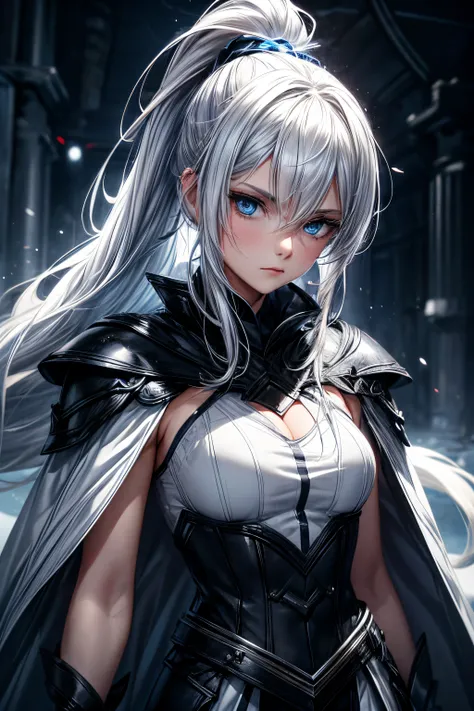 a woman, young, 19 years old, ponytail white hair, skin as white as snow, cold gaze, blue eyes like crystal, black clothes, grey robe, cape, half body, background with blue lights.