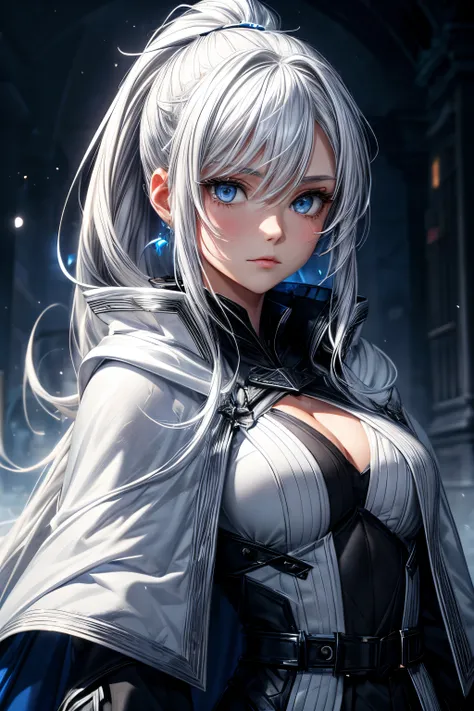 a woman, young, 19 years old, ponytail white hair, skin as white as snow, cold gaze, blue eyes like crystal, black clothes, grey robe, cape, half body, background with blue lights.