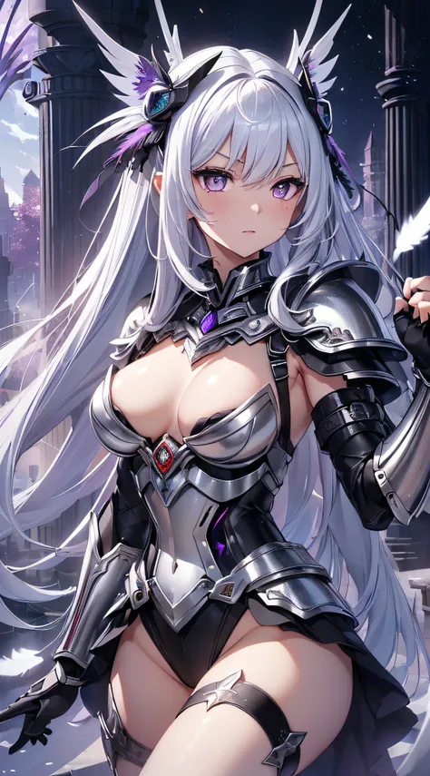 top-quality、Top image quality、​masterpiece、girl with((Silver and black mechanical body armor、silver mechanical arm、silver leg arms、Shining red body line、sixteen years old、teen ager、cute little、Best Bust、big bast,Beautiful shining purple eyes、Breasts wide o...