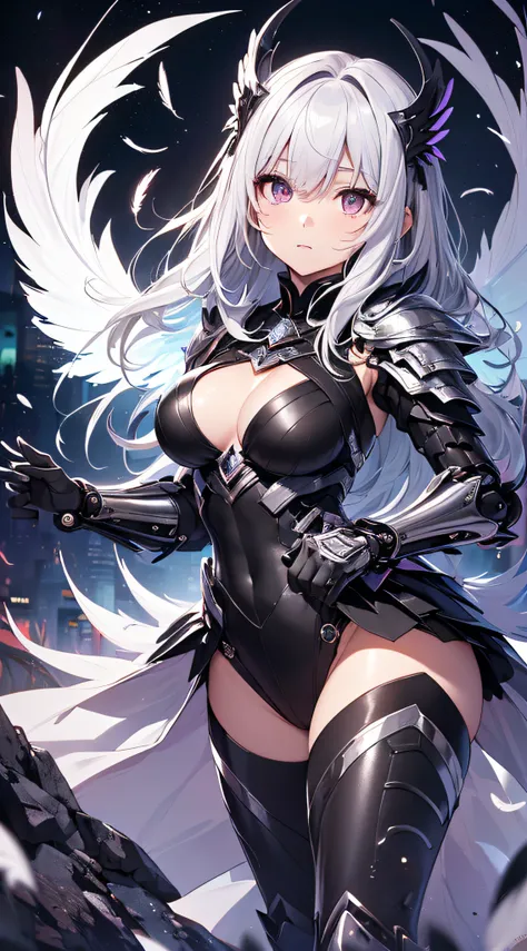 top-quality、Top image quality、​masterpiece、girl with((Silver and black mechanical body armor、silver mechanical arm、silver leg arms、Shining red body line、sixteen years old、teen ager、cute little、Best Bust、big bast,Beautiful shining purple eyes、Breasts wide o...