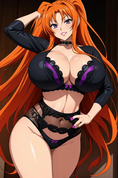 Masterpiece, high resolution, beautiful detailed face, Highschool Dxd art style, Irina Shidou, 1 girl, ((bimbo))), long orange hair, purple eyes, thick lips, painted lips, erotic smile face, blushing, wide hips, thick thighs, thick, huge breast, huge round...