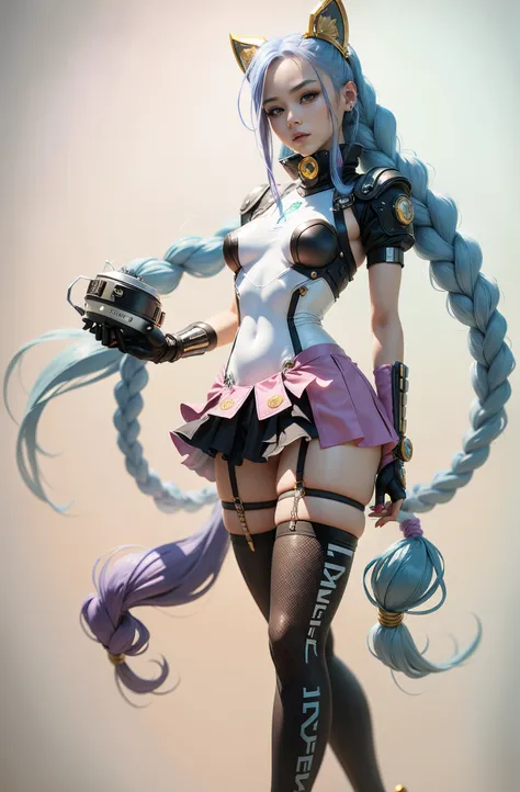 Jinx, Arcano, Jinx de League of Legends, long blue hair in braids, Double hair braids, braided hair, Minipistola，head to toe，slimfigure、White network set、White plastic tights with thin clothes, Gold gloves、 ((mini-skirts)),Wearing pink tights under the ski...