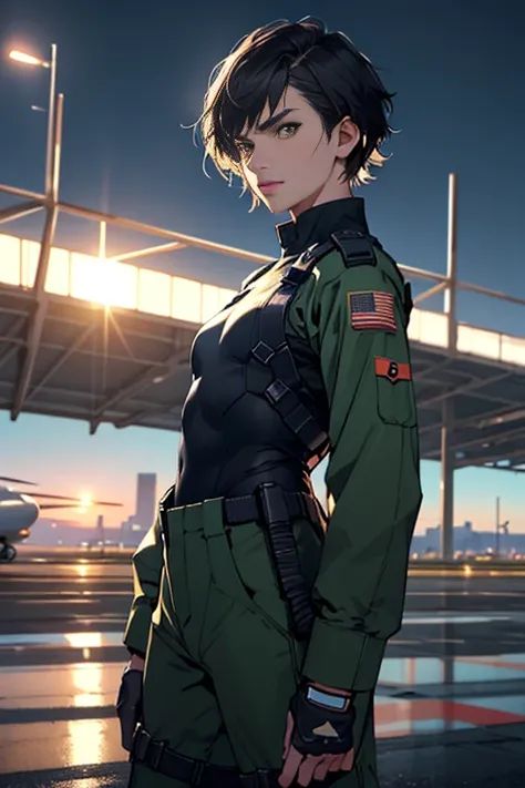 a face like alexandra daddario, small breasts, (flat chested female),wearing a dark green united states navy flightsuit, pixie cut hair, cropped black hair, (yellow eyes:1.1), realistic face, dramatic lighting, , military boots, late evening, cowboy shot, ...