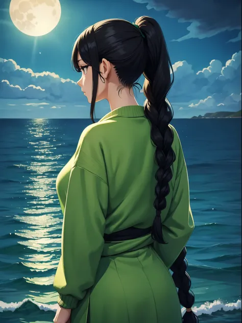 1 beautiful woman,green sweater,lower eyes,long hair,ponytail,braided hair,black hair,black eyes,from behind,sky,sunlight,cloud,night,moon,ocean,fantasy,sorrow,watercolor painting,Impressionism,masterpiece, extremely fine and beautiful,Japanese