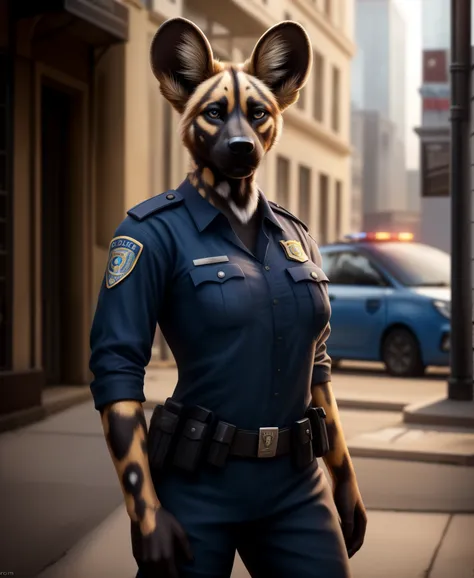 anthro, african wild dog, solo, female, adult, police uniform, realistic fur, detailed background, street background, realistic, photorealistic, ultra realistic, 8k,