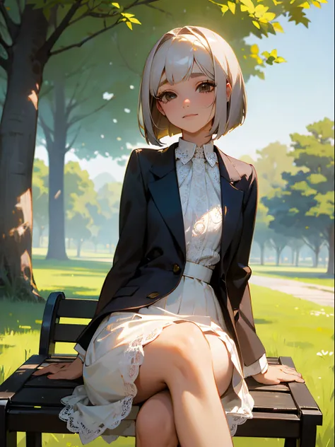 Sunny day, Elegant photo of a girl in a blazer dress, (swollen eyes:1.05), (White lace shirt), Platinum Brown Hair, (angled bob:1.4), flat bangs, (floting hair), slightly smile, Happy, happiness, high skin detail, pores skin, stunning innocent symmetry fac...