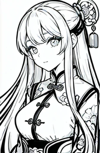 (Cloisonnism:1.2), White background , 1 Long haired Chinese girl head, Oriental elements, reasonable design, Clear lines, (lineart, monochrome)