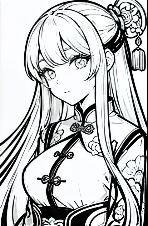 (Cloisonnism:1.2), White background , 1 Long haired Chinese girl head, Oriental elements, reasonable design, Clear lines, (lineart, monochrome)