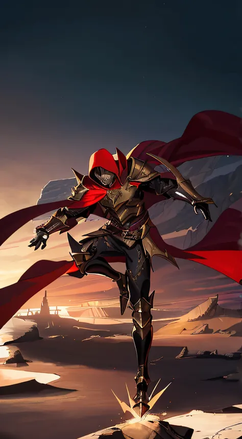 Red hooded cape, dark gold metal armor, metallic texture, cliffs, black sky, double blades, handsome guy, cuirass