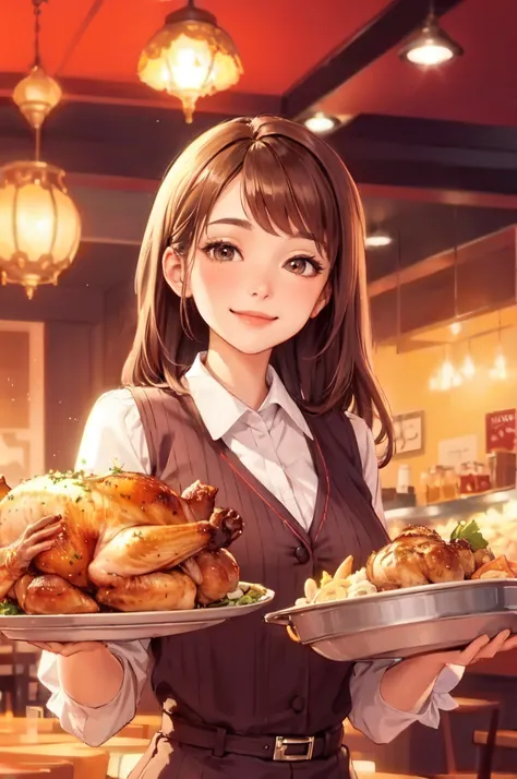 1lady solo standing, holding tray with a roasted turkey, /(clerk uniform/), mature female, /(brown hair/) bangs, blush happy smile, (masterpiece best quality:1.2) delicate illustration ultra-detailed, large breasts BREAK /(casual restaurant/), detailed bac...