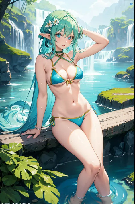 anime girl in a bikini posing in a river with waterfall in the background, elf girl, seductive anime girl, extremely detailed artgerm, artgerm on artstation pixiv, anime goddess, miku, ! dream artgerm, at pixiv, top rated on pixiv, mikudayo, pixiv contest ...