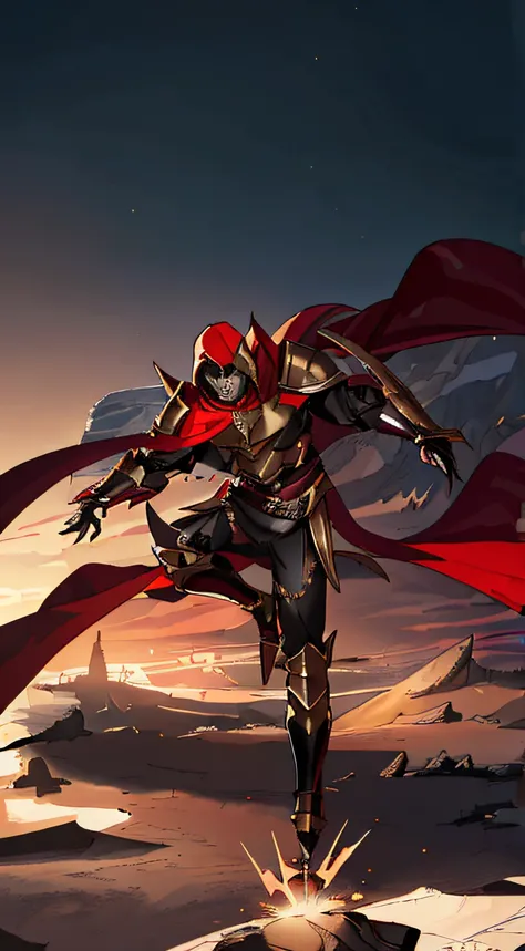 Red hooded cape, dark gold metal armor, metallic texture, cliffs, black sky, double blades, handsome guy, cuirass