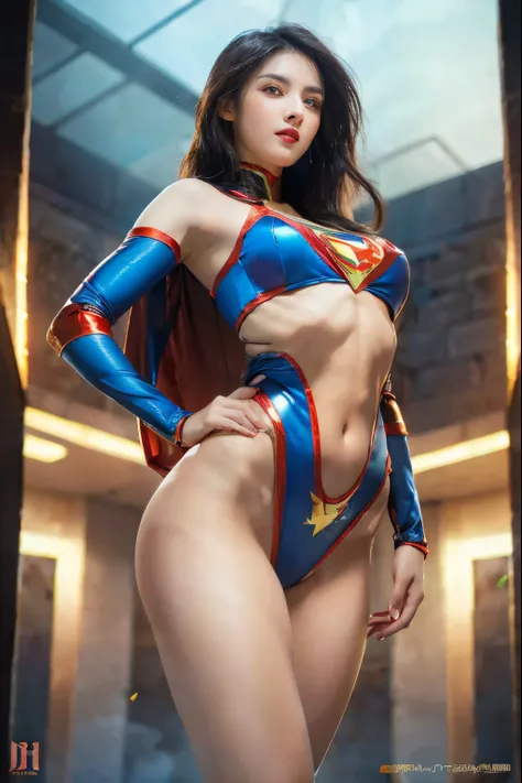 Sexy superwoman wearing very thin costume, front view, Exercise and a healthy body, naughty, Debauchery, Perfect hands, Detailed hands, perfect  eyes, A detailed eye, flirt, sexy for, naughty, posing on a, Keep your hands and arms at your sides, Large and ...