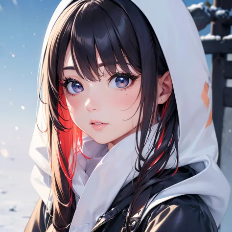 (best quality, high-res, ultra-detailed, realistic:1.37), beautiful woman, in-depth portrayal, delicate facial features, long eyelashes, soft expression, vibrant eyes, luscious lips, stylish parka (colorful), snowy background