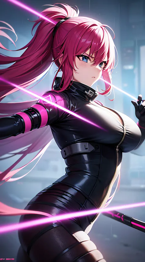 anime girl with pink hair and black bodysuit outfit in the rain, haruka saigusa, long hair, spy, stealth digital cyberpunk anime art, best anime 4k konachan wallpaper, anime cyberpunk art, anime style 4 k, cyberpunk anime girl mech, detailed digital anime ...