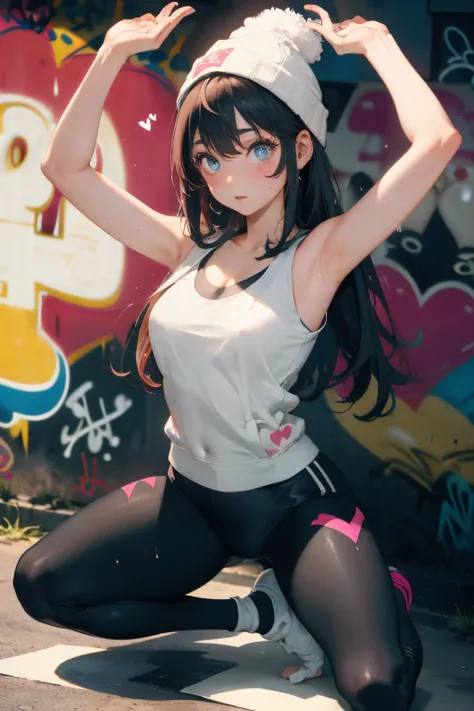 (​masterpiece:1.2、top-quality)、(graffiti wall:1.2)、1lady、Beanie、jaket、leggins、blue eyess、full body Esbian、yogapose、,Single 1 Girl，i&#39;I&#39;m embarrassed to look away，White short socks，with a good figure，sport tank top，black yoga pants， sweat leggs ，Hear...