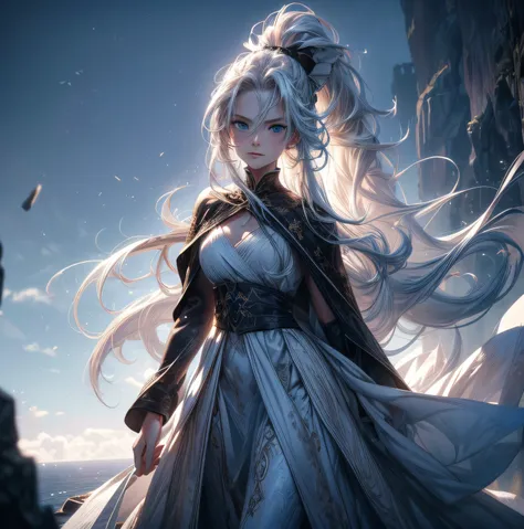 (best quality,highres,ultra-detailed),portrait,19-year-old girl with long white hair in a ponytail, fair skin as pure as snow, expressionless gaze, crystal-like blue eyes, wearing a white dress and a black robe, standing on a cliff, half-body shot, backgro...