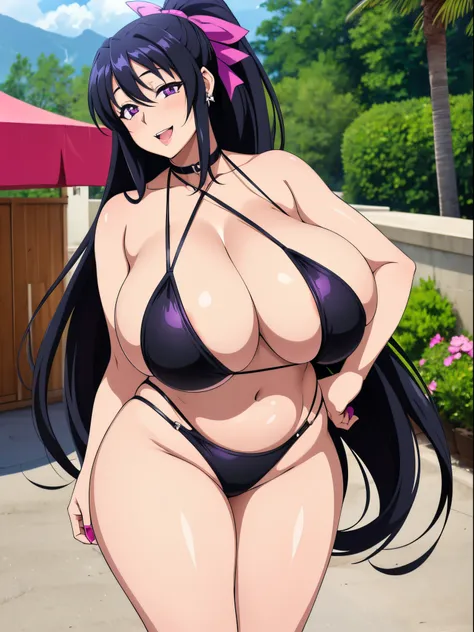 Masterpiece, high resolution, Akeno Himejima, 1girl, (((bimbo))), long black hair, purple eyes, ear rings, (((bimbo))), puffy lips, painted lips, thick lips, open mouth, smile face, wide hips, thick thighs, huge round ass, enormous natural breasts, saggy b...