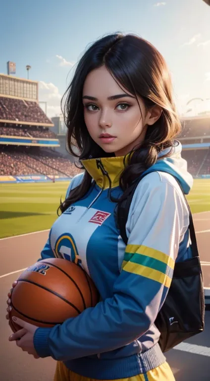 Beautiful young sportswoman, basketball in hand, His face is illuminated by the bright rays of the sun, The girl is dressed in sportswear, The perfect female face of the goddess, Деталь 8k, photo realistic style, sharp-focus, Professional lighting, colorfu...