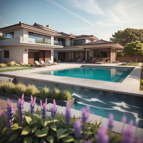 Organic modern architecture on a fairly large plot, There is a swimming pool in the middle of a large one-story house, cor da casa em vigas marrom chocolate e preto, large modern residence, telhados planos e jardim, render luxcore, render oktane, a photore...