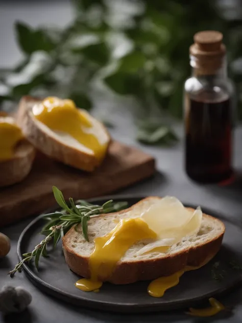 There was a small plate of butter on the table，A couple of loaves of bread, A bottle of olive oil， fork，Garnish with a little green leaves，high quality food photography, styled food photography, food styling, professional food photography, close up food ph...