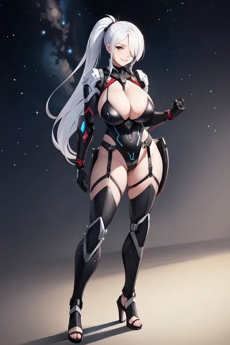 Highest image quality，high high quality，A mature woman，age 22，Huge cleavage，Nipple presentation，Metal heels，Black metal mech，Long white hair，hair covering one eye，ssmile，high ponytails，in the stars，obscene exposure