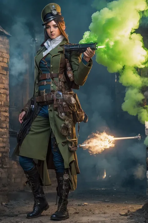 art style Alex Horley, full body, various battalion female soldier of various ethnicities Steampunk Classic grenade launcher, launched green smoke projectile, blue and white uniform, chimney scene pipes smoke city Steampunk, image 4k.