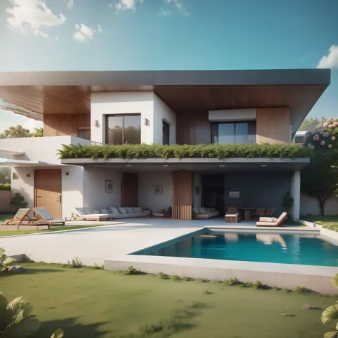 Organic modern architecture on a fairly large plot, There is a swimming pool in the middle of a large one-story house, cor da casa em vigas marrom chocolate e preto, large modern residence, telhados planos e jardim, render luxcore, render oktane, a photore...