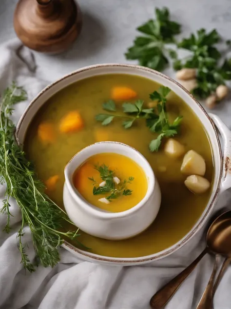 A visually pleasing composition of a rustic potato soup in a ceramic bowl, with chunks of potato, herbs, and a drizzle of olive oil on top, creating a visually comforting and nourishing scene.