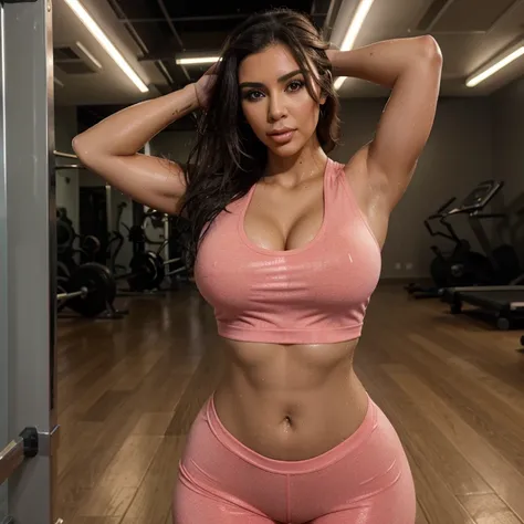 (best quality,highres,ultra-detailed),Kim Kardashian, brightly lit gym,energetic atmosphere,vibrant colors,ideal body,natural makeup,athletic wear,fitness motivation, piercing through a transperent wet t-shirt,