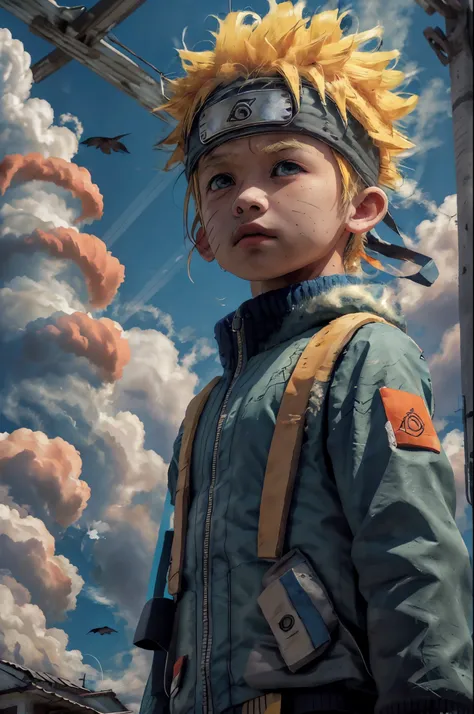 chibinaruto, 1boy, blonde hair, male focus, solo, sky, green eyes, cloud, day, whisker markings, bird, blue sky, male child, jacket, outdoors, upper body, cloudy sky