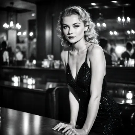 (nklnor), dark shot, front shot, cinematic, ((half body ))photo of a 25 y.o european blonde woman wearing elegant ((luxury sparkling black dress: 1.8)) with ((silver jewels: 1.6)), flawless angelic face, ((sitting in a bar with drinks)), perfect eyes, ((so...