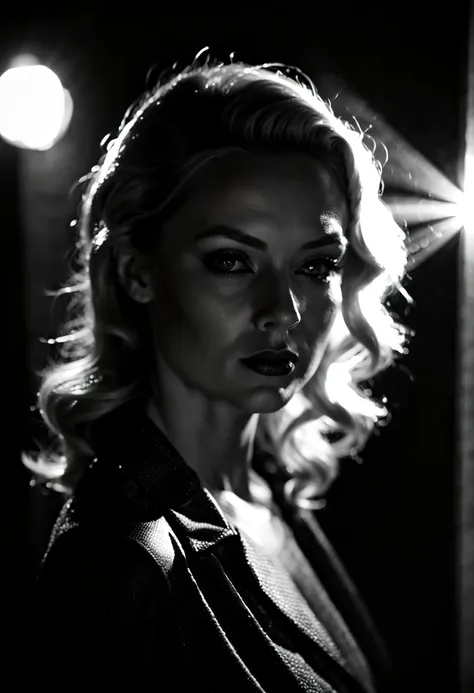 in the style of nklnor, film-noir, blonde woman, light beam on her eyes, high quality, dslr, fujifilm xt3, qhd,