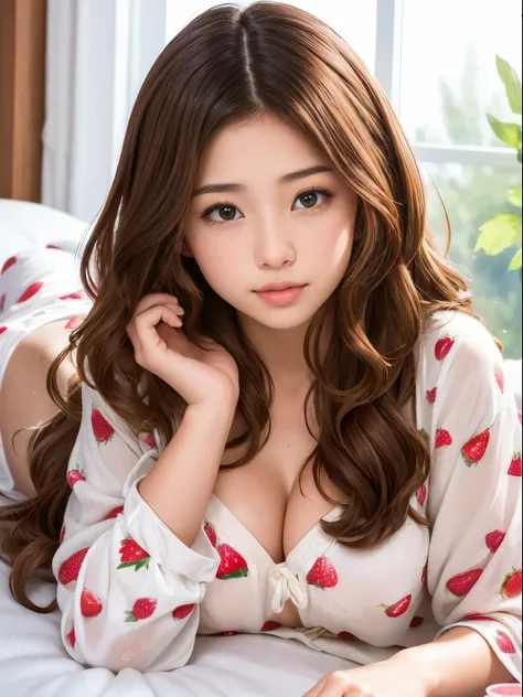 Girl with semi-long wavy brown hair, lying on her stomach looking at a photo of her boyfriend, in tender white pajamas and print strawberries, scenery of tender girl, emerald eyes,