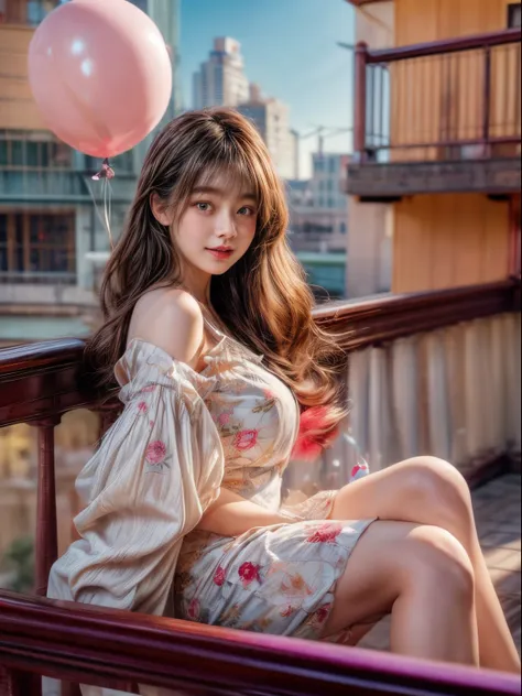 ​masterpiece、8K、32K、top-quality、(A detailed eye)、(A cute Japanese woman、bangss)、23years old、1 girl in、elegent、(Detailed background depiction、portlate:1.2)、frilly dress、(balconies、birthday cake、Colorful balloons:1.3)、Sit up、cowboy  shot、ssmile