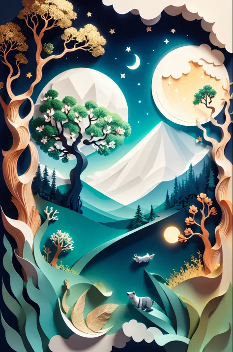 (((masterpiece))),bestquality,illustration,beautifuldetailedglow,
paper_cut,   dog, tree,moon,