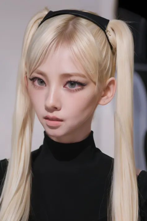 (8k, 4k, best quality, highres, ultra high res:1.1), (masterpiece, realistic, photo-realistic:1.1), 1girl,  face, close-up, twintails, blonde hair, black eyes, red lips,  (looking at viewer:2), absurdly long hair, long eyelashes, eyeshadow,  small face, bi...