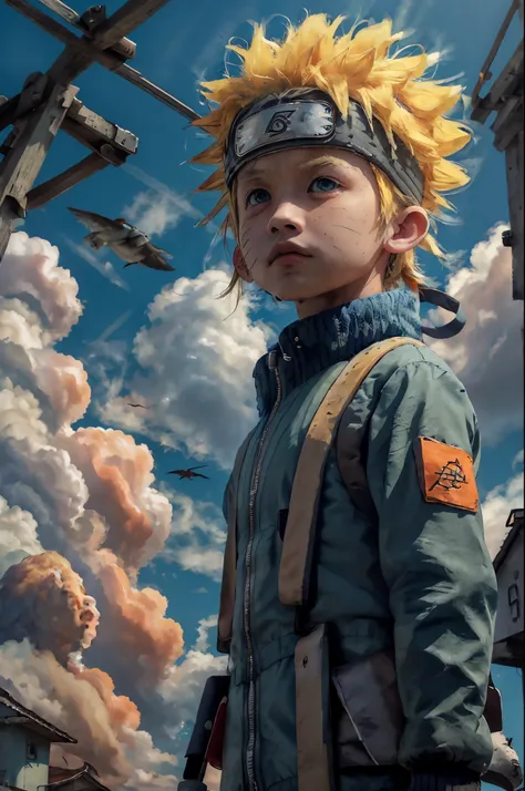 chibinaruto, 1boy, blonde hair, male focus, solo, sky, green eyes, cloud, day, whisker markings, bird, blue sky, male child, jacket, outdoors, upper body, cloudy sky