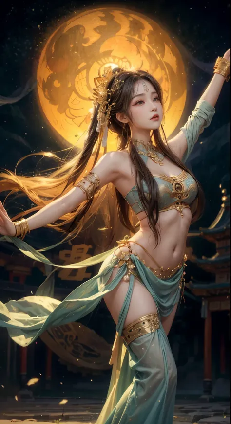 high-level image quality、ighly detailed、in 8K、Loulan beauty、Heavenly daughter、belly dancer、Fator、hisui、Baoyu、Mystical、Fantastical、Loulan、high towers、The Lost City、Ancient China、mirage、dunhuang、celestial realm、palatial palace、Dancing in the palace against t...