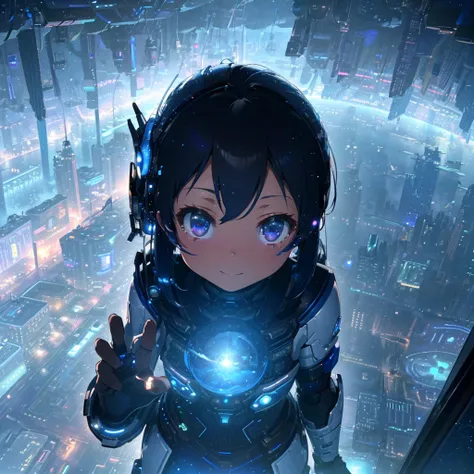 (From directly above、birdseye view)Best AI Image Generation Creator、Good anatomy，​masterpiece、top-quality、1girl in、Happiness、A smile、Futuristic cities、kirakira、cause waves in space、Raise one hand、Angle from directly above