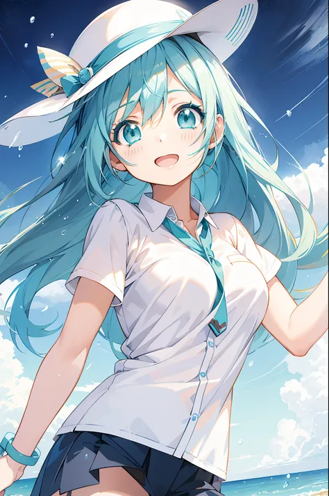 Anime girl with blue hair and white hat on the beach, Mikudayo, anime moe art style, Kantai Collection Style, hatsune miku portrait, Beautiful anime girl, pretty anime girl, art of kirokaze pixel, Anime girl with teal hair, nightcore, zerochan art, splash ...