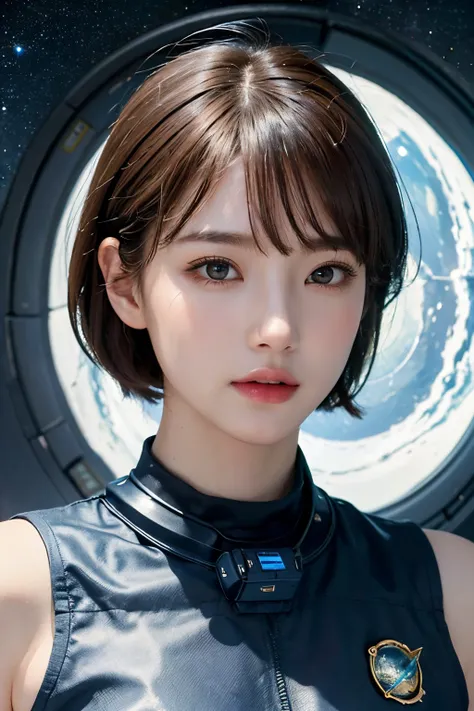 top-quality、​masterpiece、超A high resolution、(realisitic:1.4)、Beautuful Women１、Beautiful detail eyes and skin、ssmile、Light brown short-cut hair、The perfect spacesuit、spaceships、cosmic space、ice planet、weak sunshine、