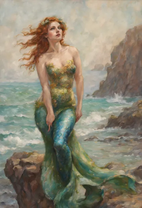 best quality,ultra-detailed,realistic,mermaid on the shore,pastel drawing,Alphonse Mucha style,vivid colors,soft lighting