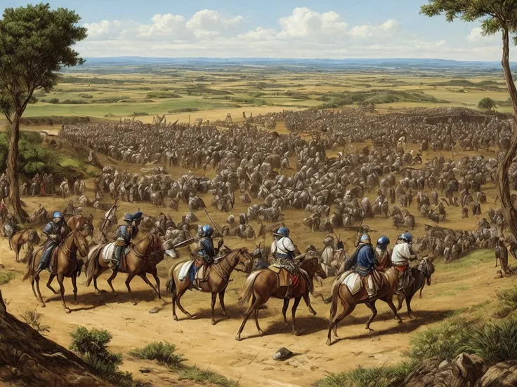 Guerra medieval, entre dois reinos, espada, local bonito, cavalos, homens, armaduras