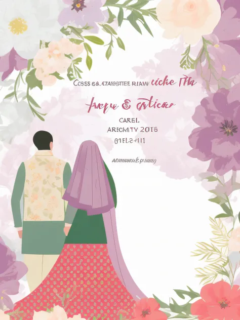 a close up of a couple standing in front of a floral frame, invitation card, lovely couple, happy couple, wedding, bride and groom, full card design, couple, in a scenic background, look at the details, very detailed picture, inspired by Ambreen Butt, adde...